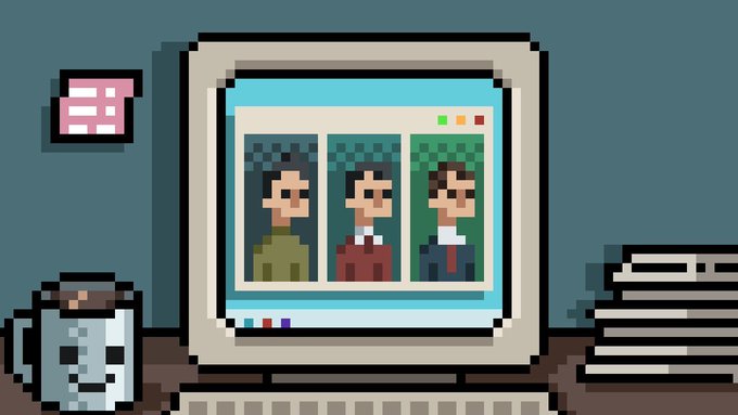 A pixel art scene showing an old CRT computer monitor displaying three character profile portraits, flanked by a sticky note and a coffee mug on the left and a stack of books on the right.