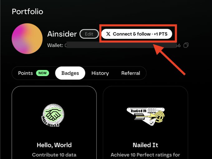 A screenshot of an "Ainsider" Portfolio page on Axis Hub showing a "Connect & follow · +1 PTS" button highlighted with a red box and arrow, alongside badges "Hello, World" and "Nailed It." This illustrates the quick 1-point reward task for connecting and following on the platform.