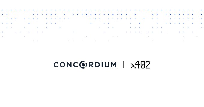 A minimalist white graphic with a dotted blue pattern at the top and the logos 'CONCORDIUM' and 'x402' centered at the bottom.