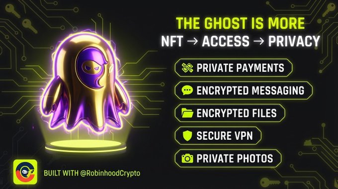 A purple and gold ghost NFT character is displayed alongside the tagline "THE GHOST IS MORE: NFT → ACCESS → PRIVACY," listing features like Private Payments, Encrypted Messaging, Encrypted Files, Secure VPN, and Private Photos, with a note that it was "BUILT WITH @RobinhoodCrypto." The image visually reinforces the post's message about the Cifer Ghost being more than a simple digital collectible, showcasing its expanded utility as a privacy-focused access tool beyond just an NFT.