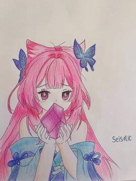 The image features a pink-haired girl with blue butterflies on her head, holding a purple object or gemstone. The girl appears to be wearing a blue dress, which adds to the overall visual appeal of the scene. The background of the image is white, providing a stark contrast that makes the girl and her purple gemstone stand out. The post includes text that reads "Seisiac", possibly indicating the artist who created this illustration or the medium used for the artwork.