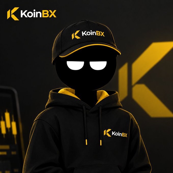 A promotional mascot character for KoinBX, depicted as a stylized figure wearing a black cap and hoodie, both featuring the company's yellow logo, set against a dark background with a glowing KoinBX emblem.
