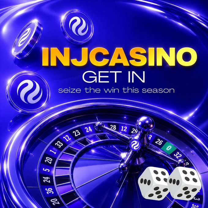 Casino promotional banner 'INJCASINO GET IN - seize the win this season' featuring a blue roulette wheel and white dice.