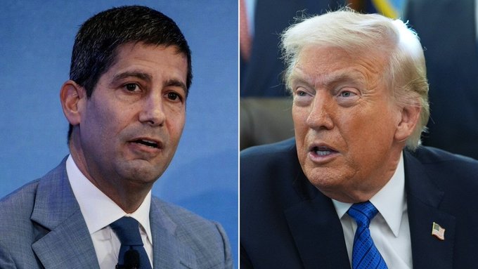 A split-screen news photo shows two men in suits: on the left, a man with dark hair appears to be speaking, and on the right, Donald Trump is shown with a serious expression.