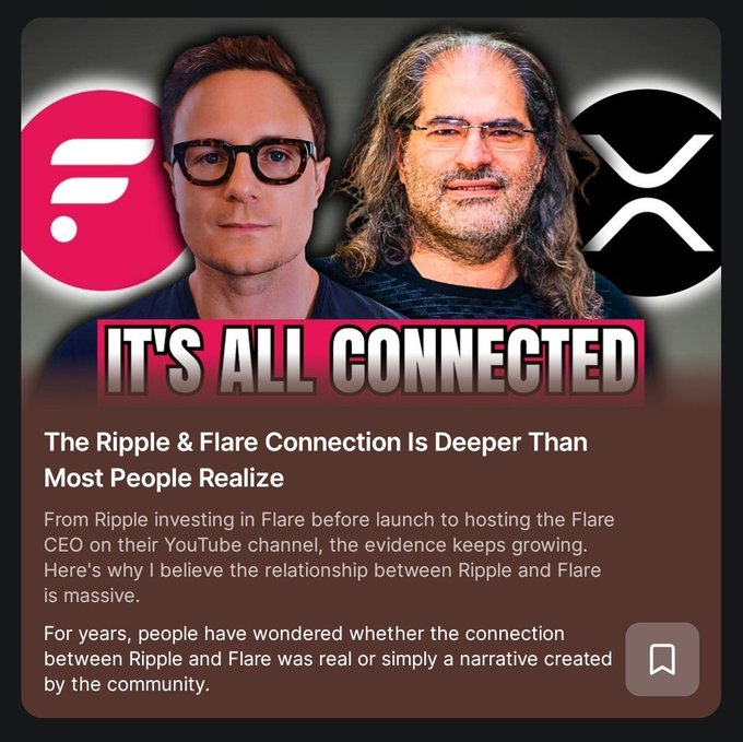 A promotional graphic featuring side-by-side portraits of two men alongside the Flare and XRP logos, with bold text reading "IT'S ALL CONNECTED" and a subtitle stating "The Ripple & Flare Connection Is Deeper Than Most People Realize," visually reinforcing the article's thesis about the deep ties between the two projects.