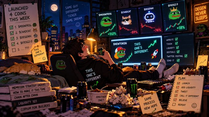 An illustrated meme image of a man in a Pepe hoodie watching cryptocurrency charts on multiple monitors, surrounded by sticky notes referencing memecoin launches including $MOONFROG (+312%), $SCHADCAT (-89%), $DEGENAI (-76%), and $FROG2.0 (+18%).