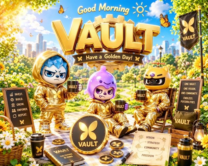 The image features a poster for "Good Morning Vault" with three cartoon characters dressed up as vault characters, sitting around a table filled with various items such as cups, books, and other objects. The characters are wearing gold outfits that match the theme of the vault character. The background of the poster is a picture of a city skyline, which further emphasizes the urban setting for the vault character. The post includes text about the vault character's mission to help people achieve their goals and dreams in life.