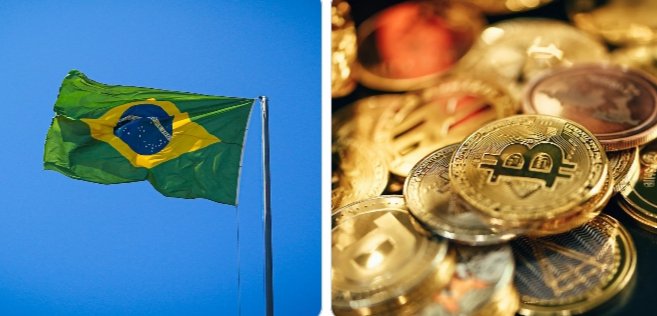 The image is split, showing the Brazilian flag waving against a blue sky on the left and a pile of gold Bitcoin coins on the right, visually linking Brazil's national identity with the cryptocurrency industry that the post discusses in relation to upcoming licensing regulations.
