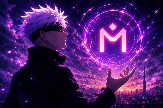 An anime character with spiky white hair and a black blindfold holds up his hand, conjuring a glowing purple magical sigil with the letter 'M' against a starry purple sky and city skyline.