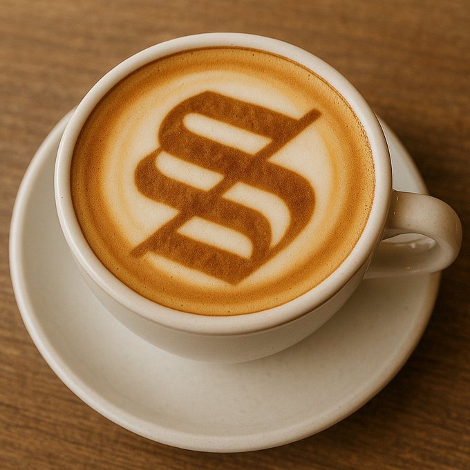 A cup of coffee with latte art featuring an ornate stylized letter design on a white saucer atop a wooden table.
