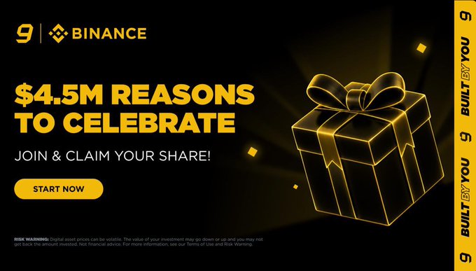 A Binance promotional banner reading '$4.5M REASONS TO CELEBRATE' with 'JOIN & CLAIM YOUR SHARE!' and a 'START NOW' button, alongside a glowing gold gift box graphic.