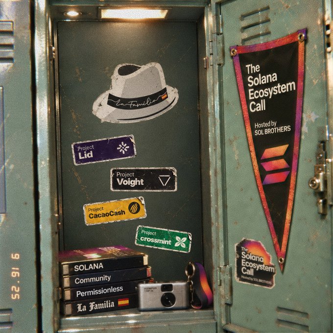 An open green locker decorated with stickers and banners, including 'The Solana Ecosystem Call' pennant, a La Familia hat sticker, and labels for Project Lid, Voight, CacaoCash, and crossmint.