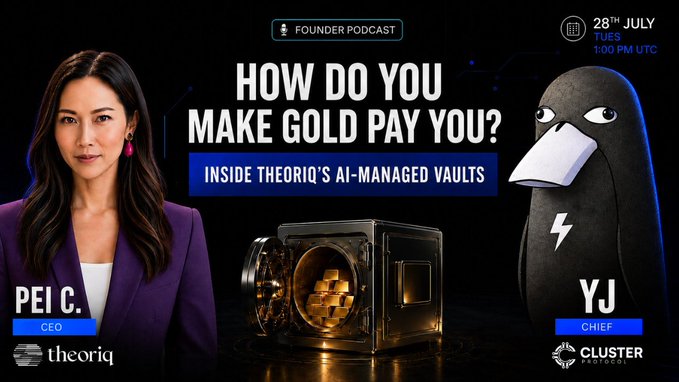 This image promotes a "Founder Podcast" episode on July 28th at 1:00 PM UTC, featuring Pei C., CEO of Theoriq, and YJ, Chief at Cluster Protocol, discussing how Theoriq makes gold productive on-chain.