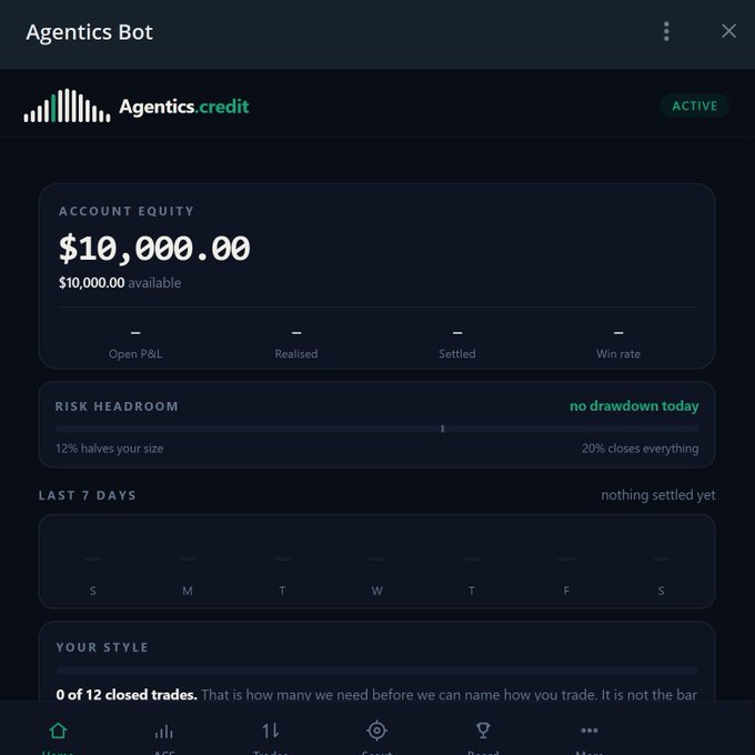 A mobile app screenshot of "Agentics Bot" displaying an Account Equity of $10,000.00, Risk Headroom indicators, and a Last 7 Days section noting "nothing settled yet".