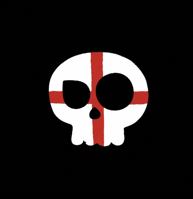 A white skull emblem featuring a red St. George's Cross and black hollow eyes is displayed against a black background, symbolizing a London-themed meet-up for the Opepen NFT community to gather in person.