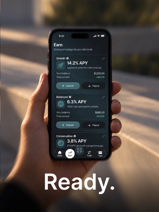 A hand holds a smartphone displaying the defi.com Earn app, showcasing three yield strategies: Growth (14.2% APY, $1,250 balance), Balanced (6.3% APY, $880 balance), and Conservative (3.8% APY), each with Deposit and Payout options, with the word "Ready." overlaid—visually reinforcing the message that effortless, high-yield crypto earning is just a tap away.