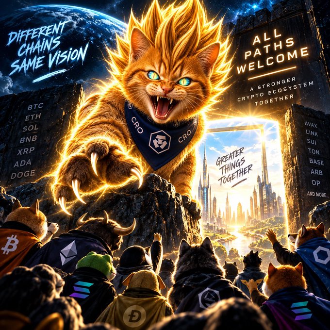 Digital artwork featuring a fiery lion wearing a CRO bandana, with text "DIFFERENT CHAINS SAME VISION" and "ALL PATHS WELCOME - A STRONGER CRYPTO ECOSYSTEM TOGETHER", surrounded by a crowd of animal characters with crypto logos like BTC, ETH, SOL, and BNB.