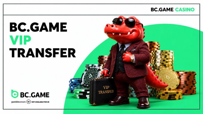 A promotional banner for BC.Game Casino's 'VIP Transfer' service featuring an anthropomorphic red crocodile in a suit holding a briefcase, standing among stacks of poker chips.