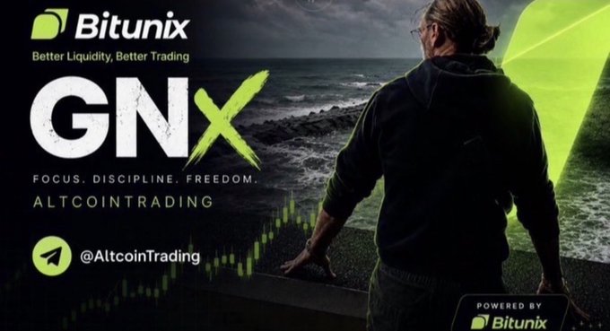 A promotional image for Bitunix features a man standing on a rocky coast gazing out at the ocean, overlaid with the "GNX" (GN) ticker and the tagline "Focus. Discipline. Freedom." alongside the AltcoinTrading handle. The accompanying post reinforces the branding by pairing the "GN" ticker with Bitunix while emphasizing that traders should fix poor trading habits—like unplanned trades and moving stops—before focusing on profits.
