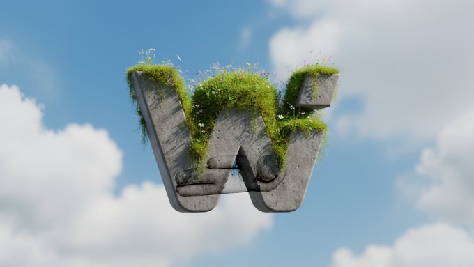 A concrete "W" letter covered in green grass and wildflowers floats against a blue sky with white clouds, symbolizing the watchlist ("W") theme of the post inviting viewers to share their new weekly stock targets.