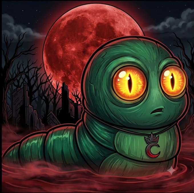 A green serpent-like creature with glowing yellow eyes emerges from crimson waters beneath a large blood moon, set against a dark, haunted landscape with bare trees and gravestones. The creature bears a crescent moon and crown emblem, tying into the mystical nighttime theme of the NFT collections mentioned in the post.