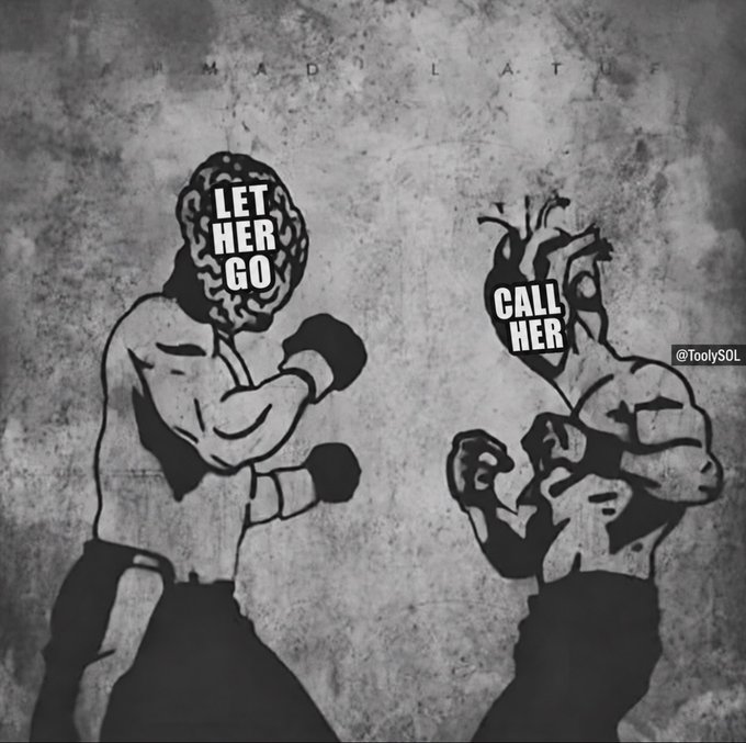 A black-and-white graphic illustration of two boxers facing each other in fighting stances; one fighter's head is replaced with a brain labeled 'LET HER GO' and the other with an anatomical heart labeled 'CALL HER', with the text 'IMMADOLATUFF' at the top and '@ToolySOL' watermark.