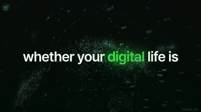 A dark digital-themed background featuring the text 'whether your digital life is' with 'digital' highlighted in green, accompanied by a small 'beldex.io' watermark.