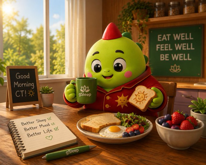 A cheerful green Sleepagotchi mascot in red pajamas enjoys breakfast with toast featuring sun designs, holding a "gSleep" mug beside a plate of eggs, fruit, and a bowl of berries, with "EAT WELL FEEL WELL BE WELL" displayed on the wall. A handwritten notepad lists "Better Sleep ✓, Better Mood ✓, Better Life ✓" alongside a chalkboard reading "Good Morning CT!" with a sun, reinforcing the campaign's message about building healthy daily habits.