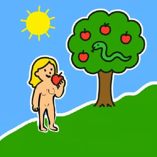 This is the biblical tale of Eve, the first woman according to the Bible, about to eat the very forbidden fruit of knowledge from the forbidden tree of knowledge, with a serpent poised just inches away from the fruit, as referenced in the accompanying post.  According to the Bible, Eve ate the apple from the Tree of Knowledge, yielding a gamble which made the world how it is now, and in a sense she lost.