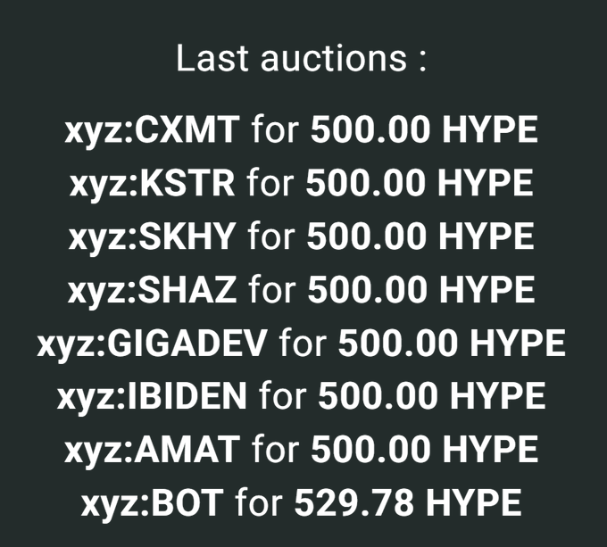A dark green screen titled 'Last auctions:' lists xyz domain name sales in HYPE tokens, including xyz:CXMT, xyz:KSTR, xyz:SKHY, xyz:SHAZ, xyz:GIGADEV, xyz:IBIDEN, and xyz:AMAT all for 500.00 HYPE, and xyz:BOT for 529.78 HYPE.
