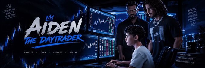 Promotional graphic for "AIDEN THE DAYTRADER" showing characters in front of financial charts, with text including "ANALYZE PLAN EXECUTE REPEAT" and "DISCIPLINE OVER FREEDOM."