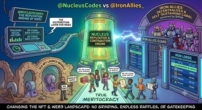 A vibrant cartoon comparison between "@NucleusCodes" and "@IronAllies_" showing a reputation engine versus decentralized guard with text "THE DISTRIBUTION LAYER FOR WEB3" and "TRUE MERITOCRACY", emphasizing "NO GRINDING, ENDLESS RAFFLES, OR GATEKEEPING".