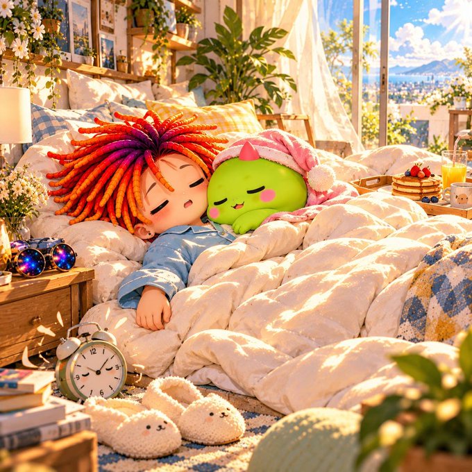 A cute 3D-style illustration of a child with rainbow dreadlocks sleeping in bed alongside a green blob character wearing a pink nightcap, with a pancake breakfast tray nearby.