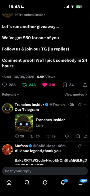 A Twitter/X post by @TrenchesInsidr announcing a $50 giveaway, directing followers to their Telegram channel (@TrenchesInsidr) and asking for proof comments.