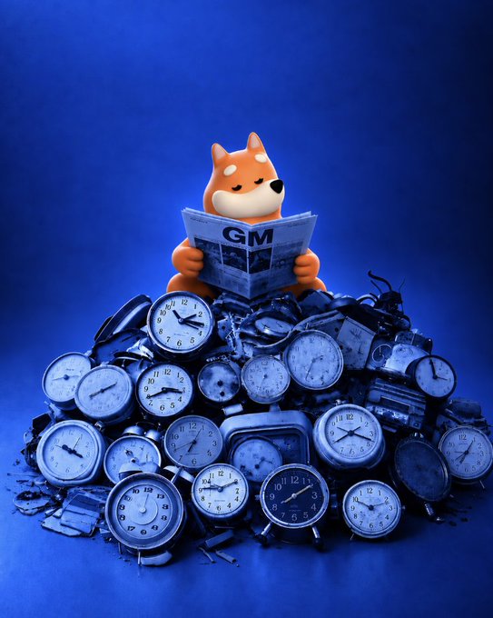 A 3D-rendered Shiba Inu dog figure reading a newspaper labeled 'GM' (Good Morning) while sitting atop a large pile of broken clocks and timepieces against a deep blue background.