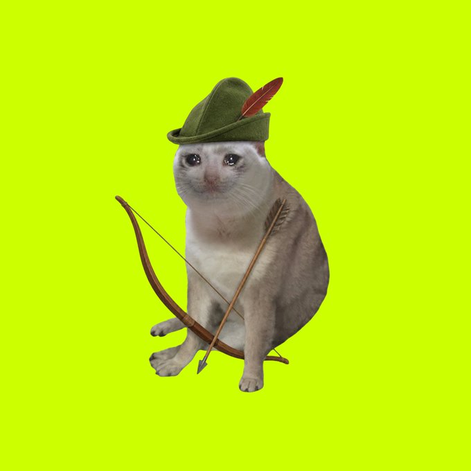 A white and tan cat wearing a green Robin Hood-style hat with a red feather, holding a bow and arrow, set against a bright lime-green background.