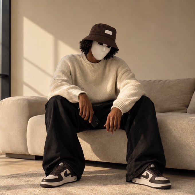 A person sits on a beige sofa wearing a white sweater, baggy black pants, and brown and white sneakers, with a brown bucket hat pulled low over their face and what appears to be a mask, embodying a relaxed, laid-back vibe that matches the "Sunday mode" caption. The minimalist indoor setting with soft lighting reinforces the recharged, chill mood of the post.