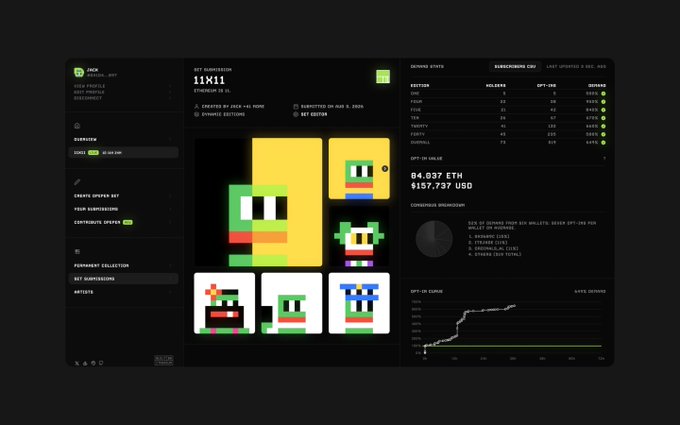 The image shows a dark-themed dashboard interface for "11X11," an on-chain art collection with editions created by user "ope" on January 5, featuring pixel-art character tiles and displaying OPE stats including a current 84.037 ETH ($157,737 USD) opt-in curve, composition breakdown, and a 30-day opt-in versus outs performance chart—directly showcasing the latest frontend refreshes mentioned in the post.