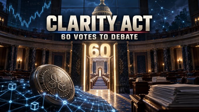 A graphic promoting the 'CLARITY ACT' with text '60 VOTES TO DEBATE' displayed prominently over an image of a legislative chamber, featuring a cryptocurrency coin and blockchain imagery.