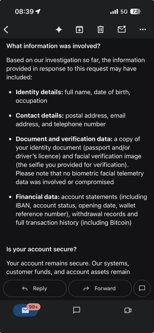 An email screenshot detailing a data breach investigation, listing compromised information categories: identity details, contact details, document and verification data, and financial data including IBAN and Bitcoin transaction history.