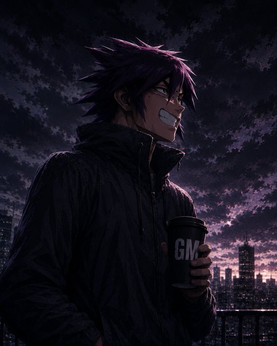 Anime-style illustration of a smiling character with spiky purple hair holding a cup labeled 'GM' against a cloudy night cityscape.