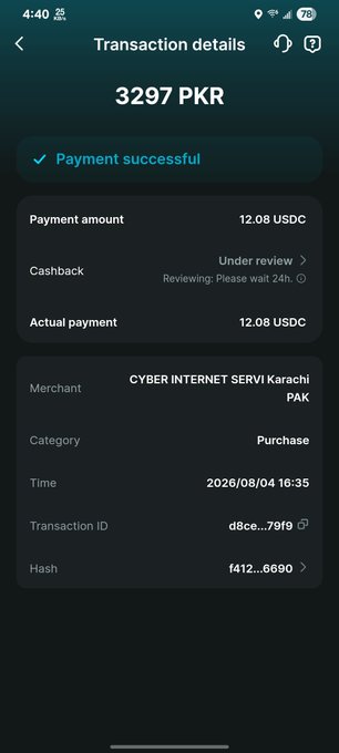 A mobile transaction details screen showing a successful payment of 3297 PKR (12.08 USDC) to 'CYBER INTERNET SERVI Karachi PAK' dated 2026/08/04.