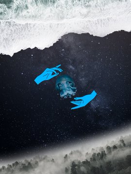 A surreal digital artwork shows a face with blue hands emerging from a dark, starry void surrounded by white mist.