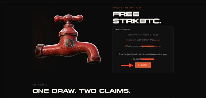 A webpage for a Starknet faucet promoting "FREE STAKBTC" with a large red faucet graphic on the left, featuring a registration form with a countdown of "26:15:18" and a "REGISTER" button, matching the accompanying post about the strkBTC giveaway that ends in 20 hours.