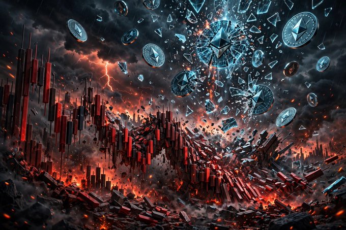 Dramatic digital artwork depicting shattered Ethereum cryptocurrency coins amid a fiery red and dark apocalyptic landscape with lightning.