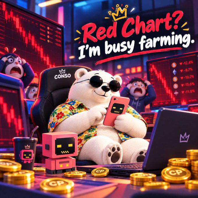 A cartoon bear wearing sunglasses and a Hawaiian shirt plays on a phone with the caption "Red Chart? I'm busy farming." while panicked figures watch red downward charts in the background, surrounded by CP tokens and a CONSO chair.
