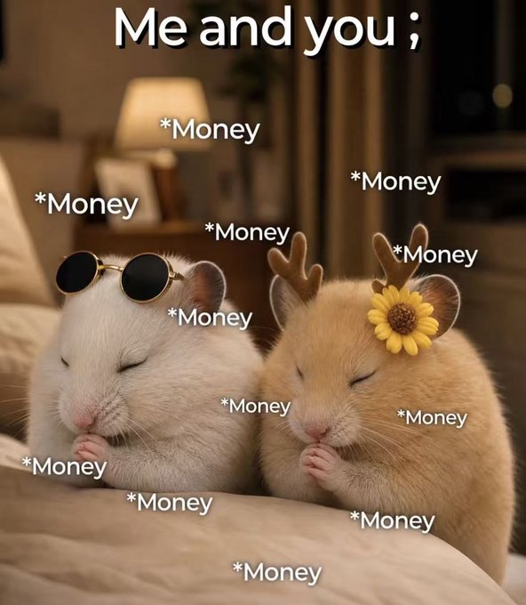 A meme titled 'Me and you;' shows two adorable hamsters wearing sunglasses and a sunflower accessory, with the word '*Money' scattered multiple times around them.