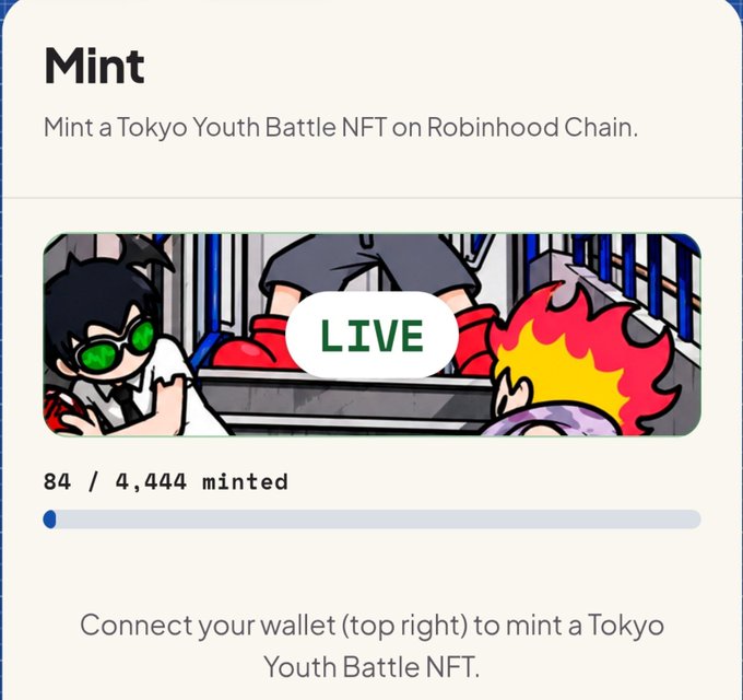A mobile interface screen titled "Mint" showing a LIVE Tokyo Youth Battle NFT minting process with 84 / 4,444 minted on Robinhood Chain.