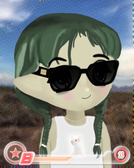 An animated character with green braided hair wears black cat-eye sunglasses and a white tank top with a small cat print, with a star icon labeled 'B' and a heart icon showing '33' in the corners.
