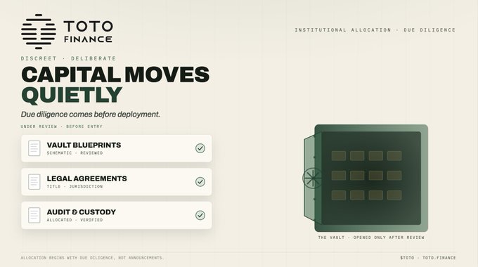 A TOTO Finance promotional graphic titled "Capital Moves Quietly" emphasizes due diligence over public announcements, highlighting completed steps like "Vault Blueprints (Reviewed)," "Legal Agreements (Jurisdiction)," and "Audit & Custody (Allocated, Verified)" alongside an illustration of an open vault labeled "The Vault – Opened Only After Review." The image reinforces the post's message that $TOTO funds move discreetly, with custody, ownership, and insurance verified privately before any public notice reaches retail investors.